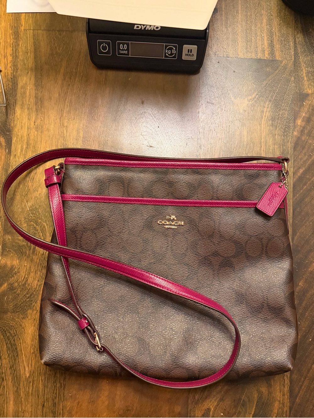 Coach Brown Signature Crossbody with Fuchsia Trim